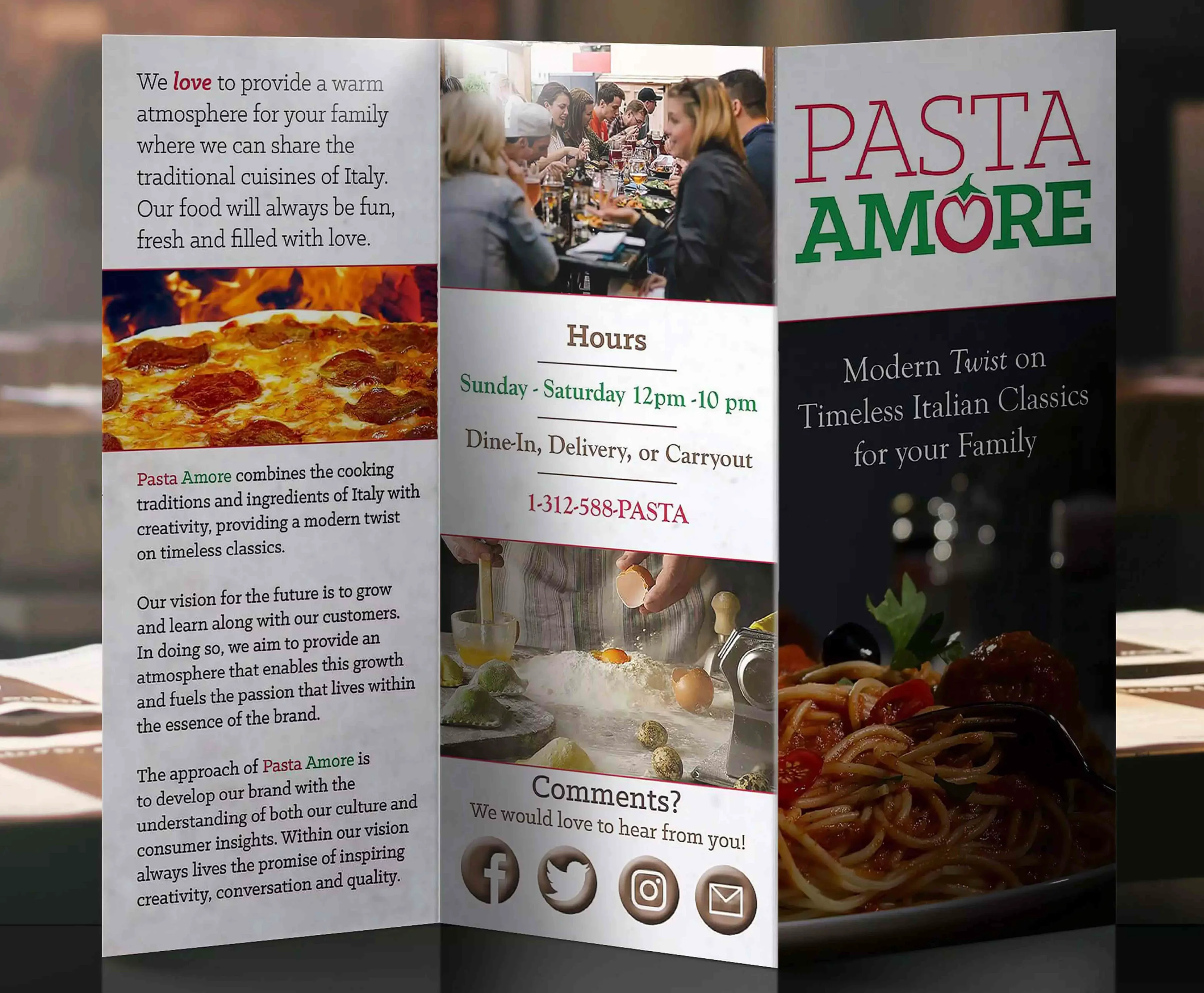 Pasta Amore menus, table tent, and brochure